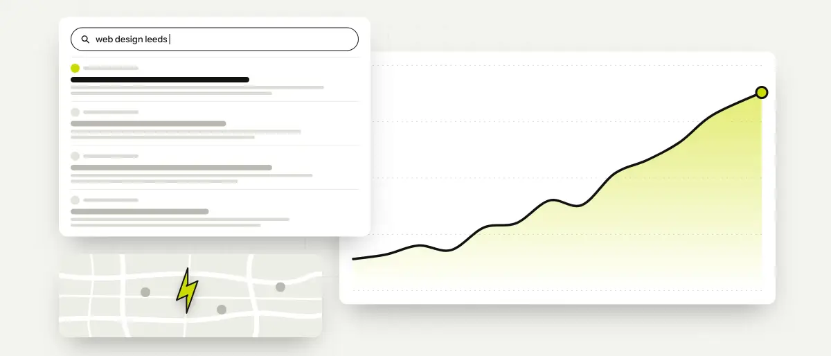 Illustration of a search for web design leeds, with search results, a local map and a rising traffic line