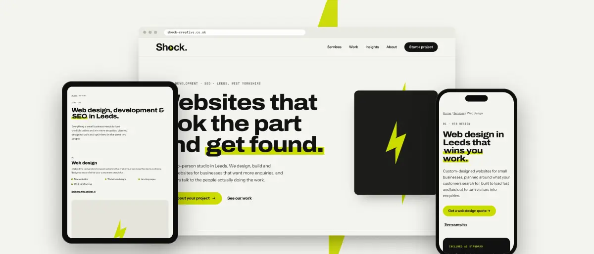 A website design shown across desktop, tablet and phone