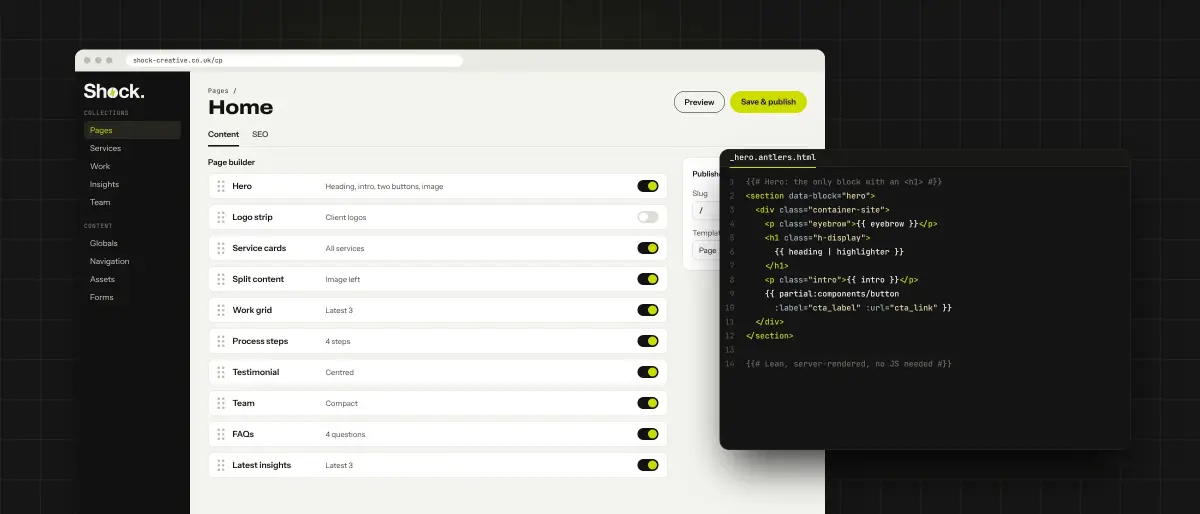 A content management screen for editing a page's blocks, beside the template code behind it