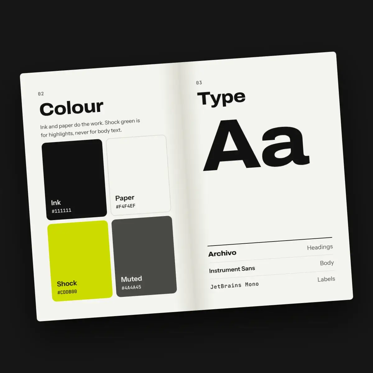 A brand guidelines spread showing the colour palette and typefaces