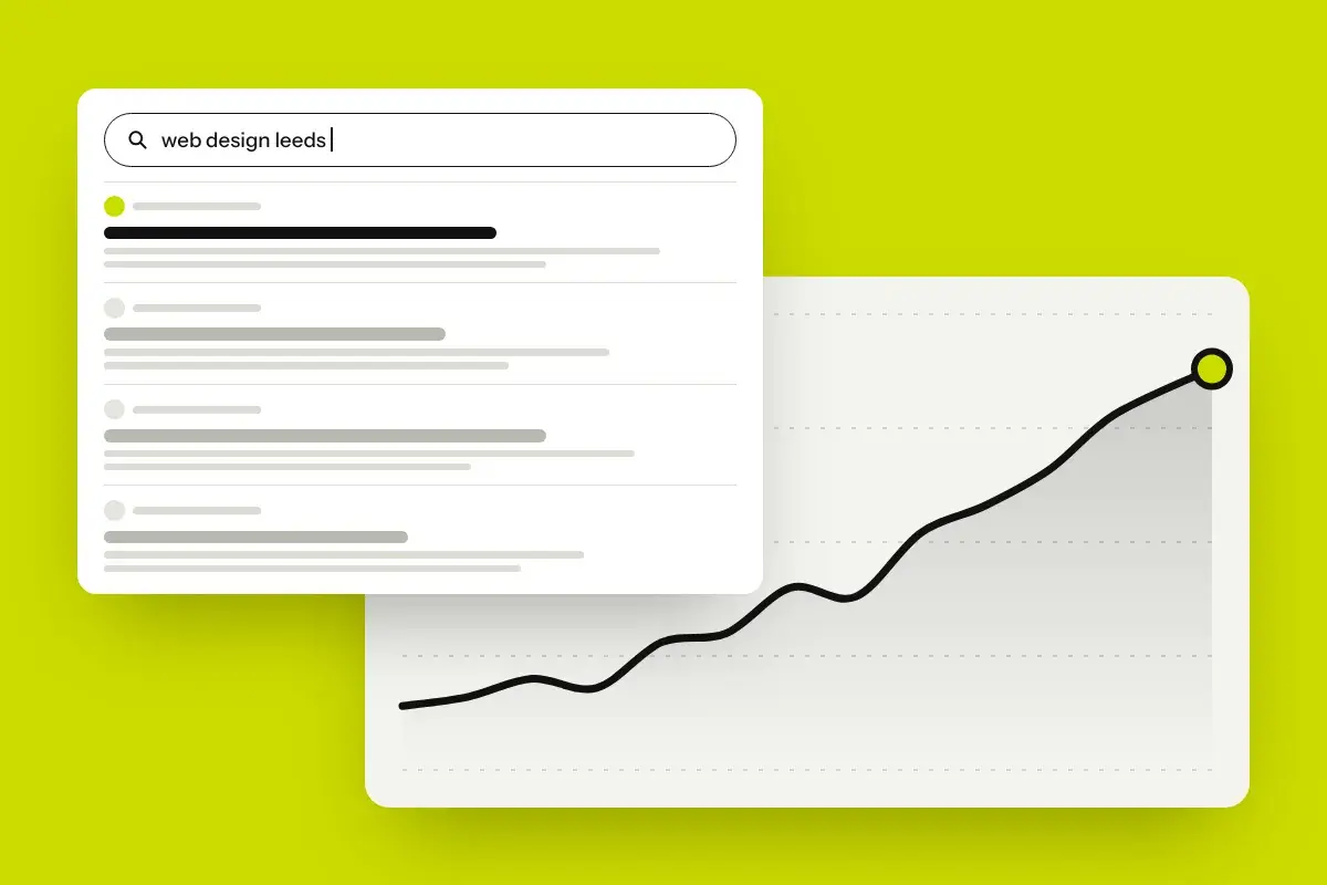Illustration of a search for web design leeds, with search results and a rising traffic line