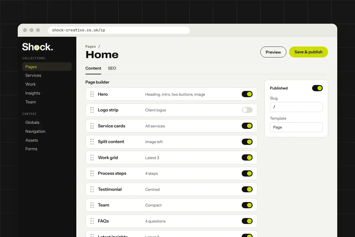 A content management screen for editing the blocks on a page