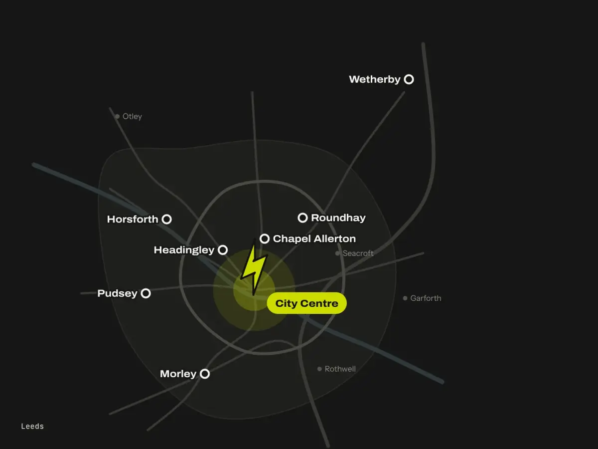 Stylised map of Leeds with a lightning bolt pin on the city centre, plus Headingley, Chapel Allerton, Roundhay, Horsforth, Pudsey, Morley and Wetherby