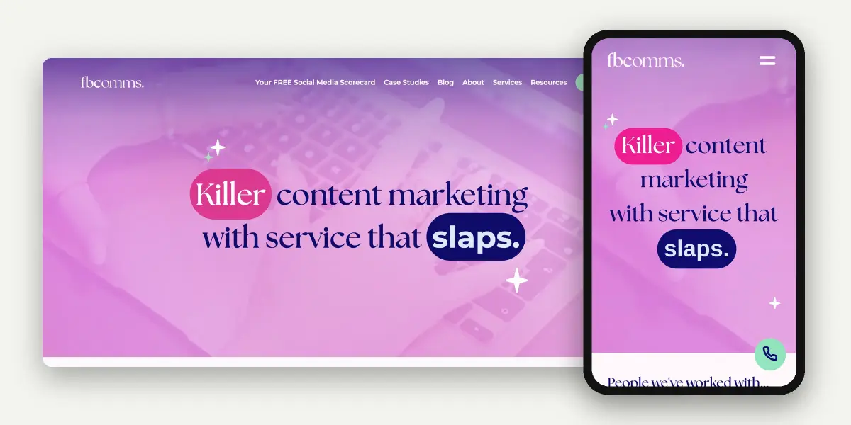 The FB Comms website homepage on desktop and mobile, with the headline 'Killer content marketing with service that slaps.'